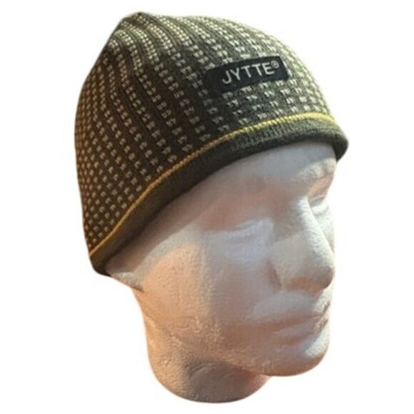 Jytte Wool Knit Beanie Winter Hat Green w Yellow Strip on Band Ski Snowboard - Picture 1 of 7